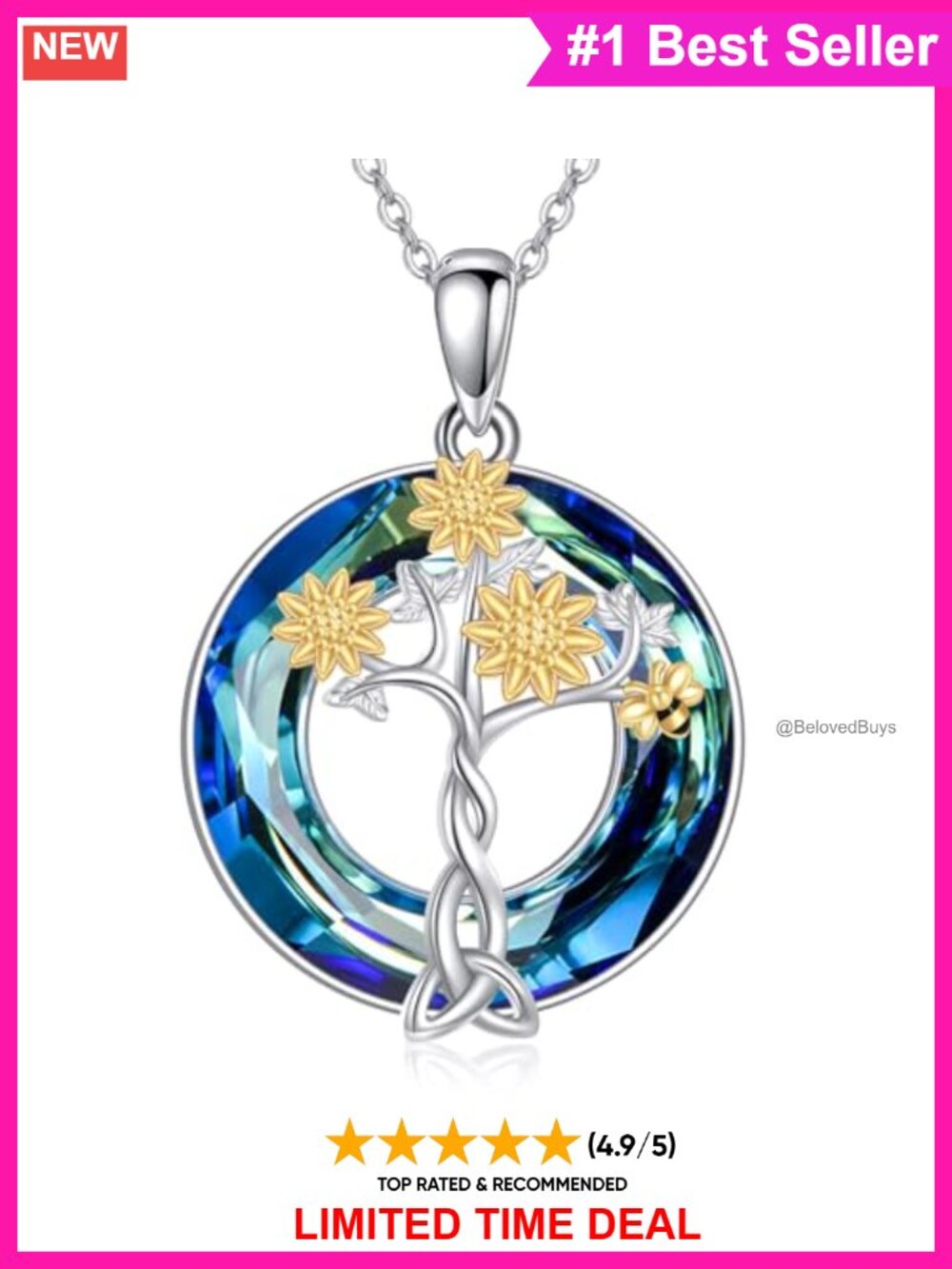 Sunflower Bee Necklace 925 Sterling Silver Pendant Jewelry Gift